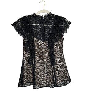 Pearl by Lela Rose Lace Ruffle Top Size 6 Blouse Black Tan